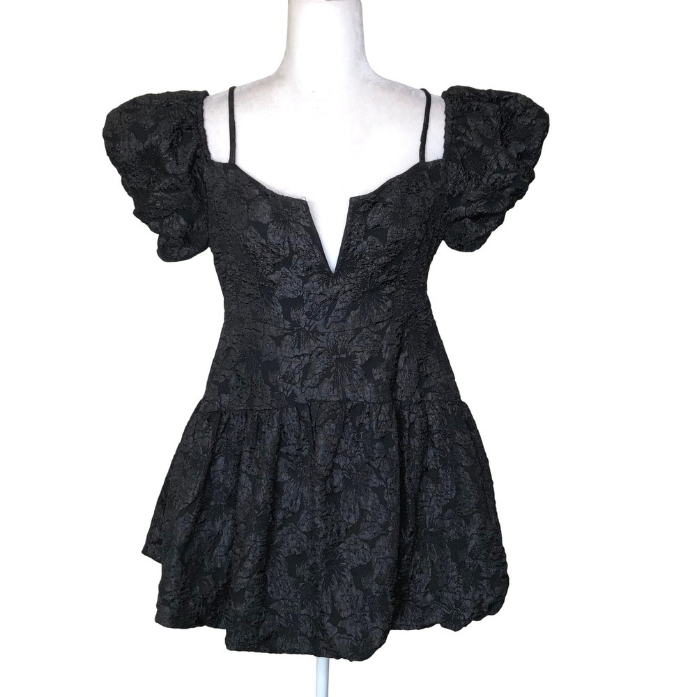 Selfie Leslie Black Floral Jacquard Puff Sleeve Mini Dress Party Cocktail L